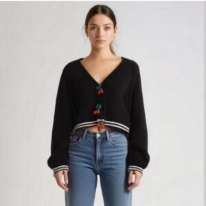 Jessica Simpson Black V-Neck Sweater with Colorful Accents Size S